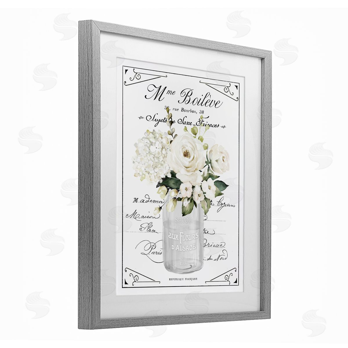 Lettered and Lined French White Flowers & Cursive Canvas Wall Art Print