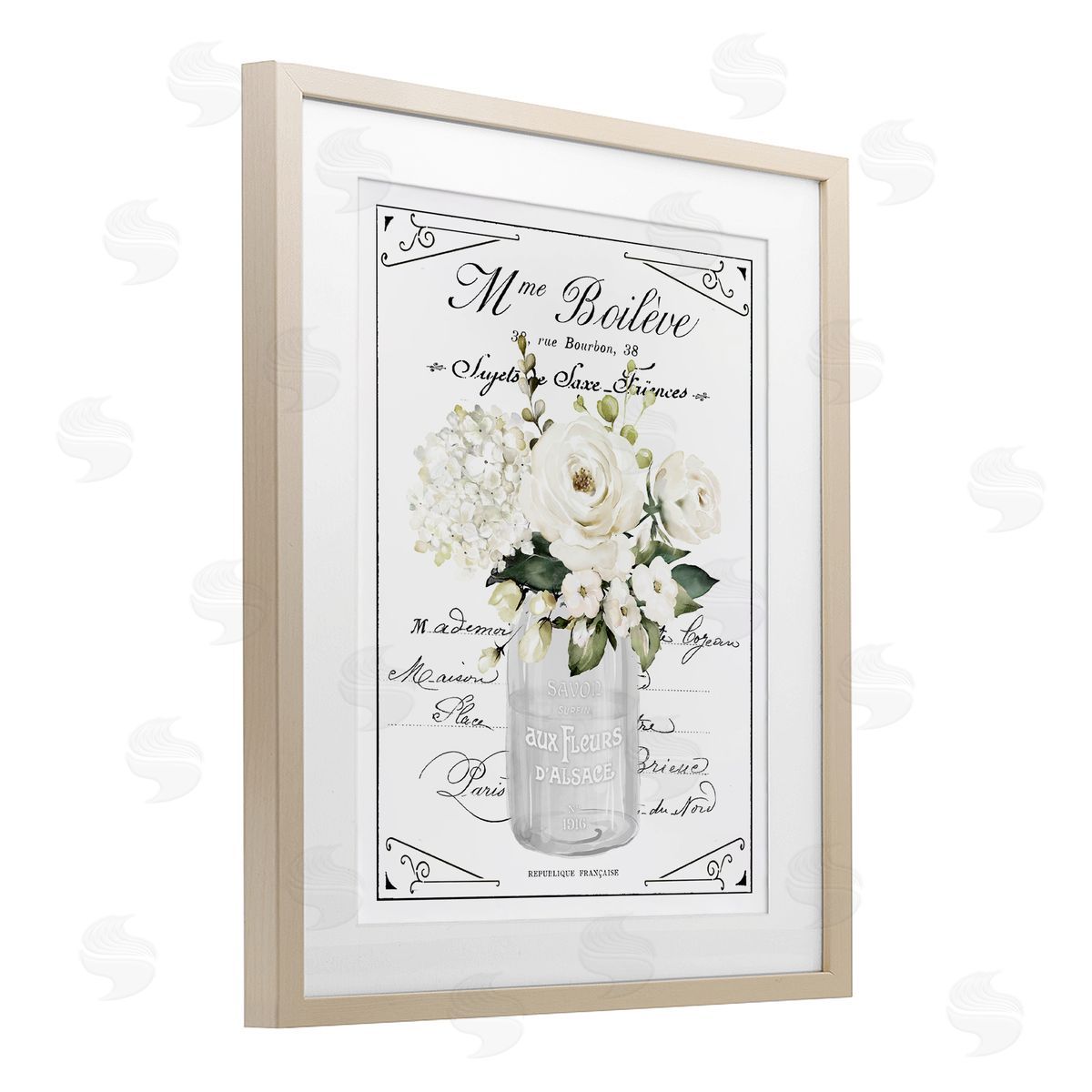 Lettered and Lined French White Flowers & Cursive Canvas Wall Art Print