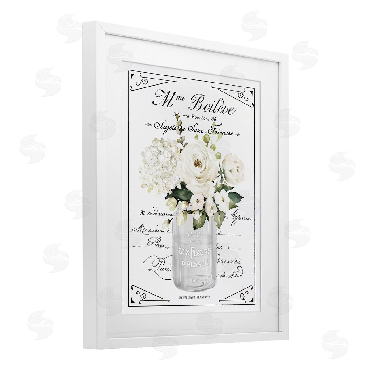 Lettered and Lined French White Flowers & Cursive Canvas Wall Art Print