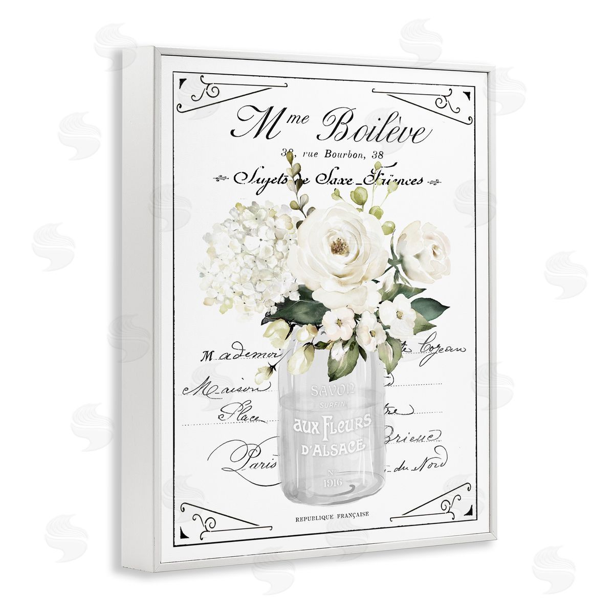 Lettered and Lined French White Flowers & Cursive Canvas Wall Art Print