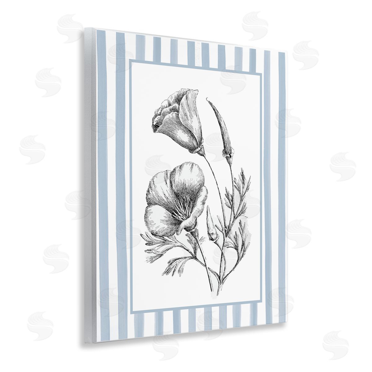 Lettered and Lined Blossoming Flowers on Stripes Canvas Wall Art Print