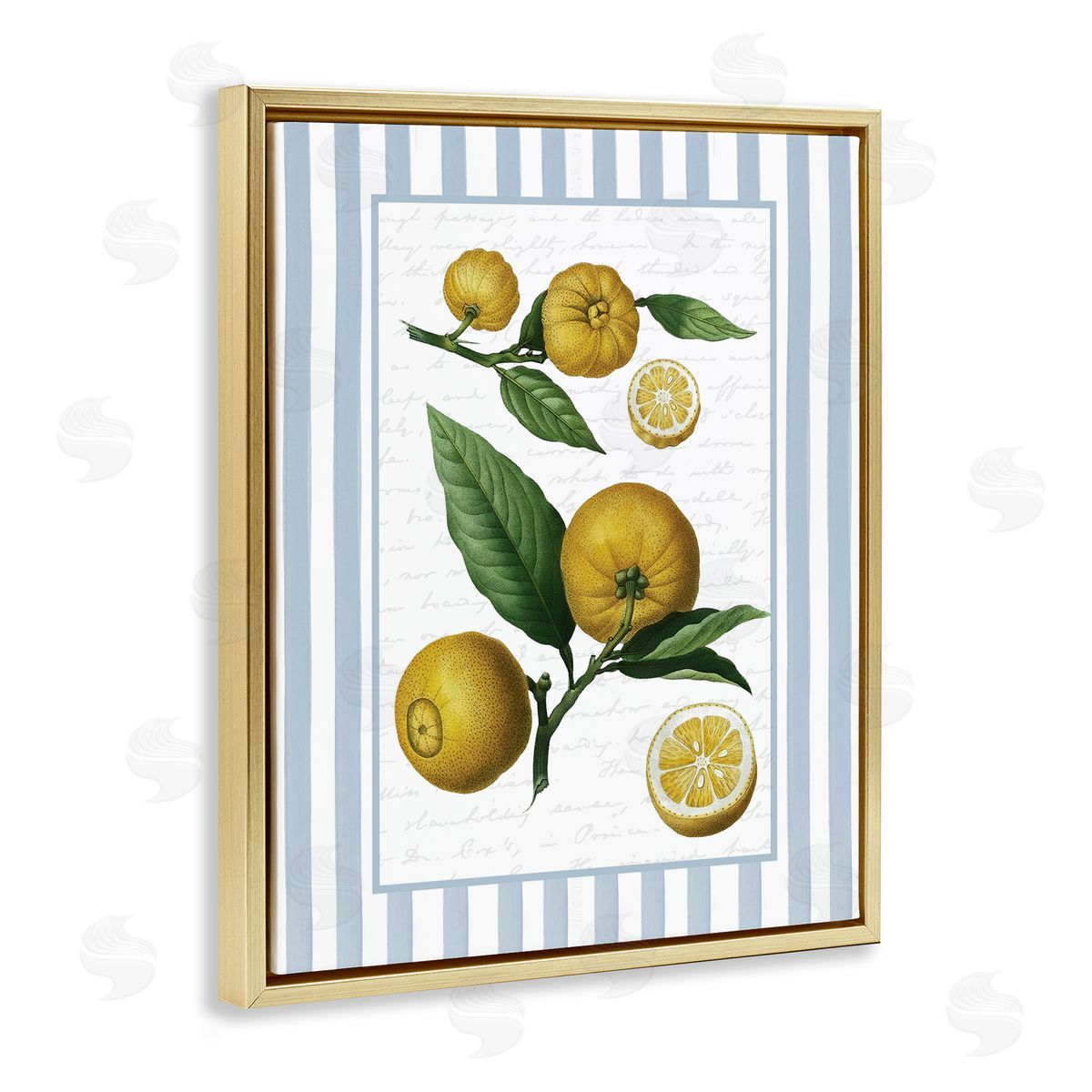 Lettered and Lined Vintage Lemons Blue Stripes Canvas Wall Art Print