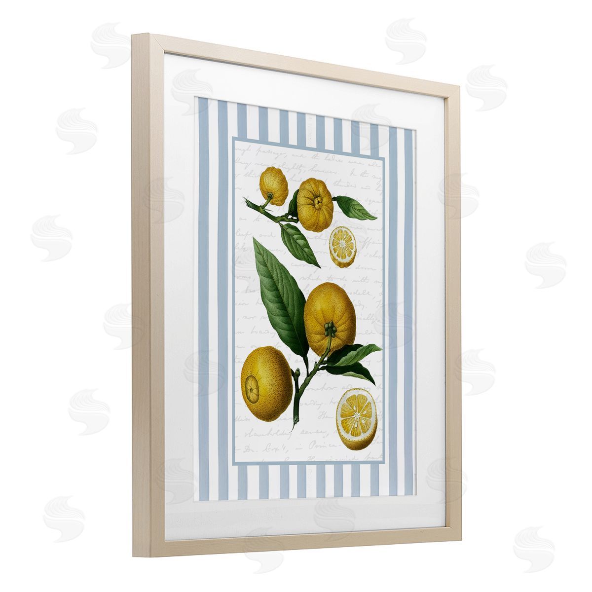 Lettered and Lined Vintage Lemons Blue Stripes Canvas Wall Art Print
