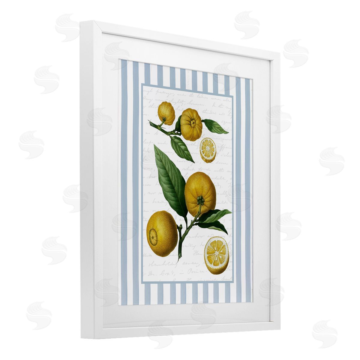 Lettered and Lined Vintage Lemons Blue Stripes Canvas Wall Art Print
