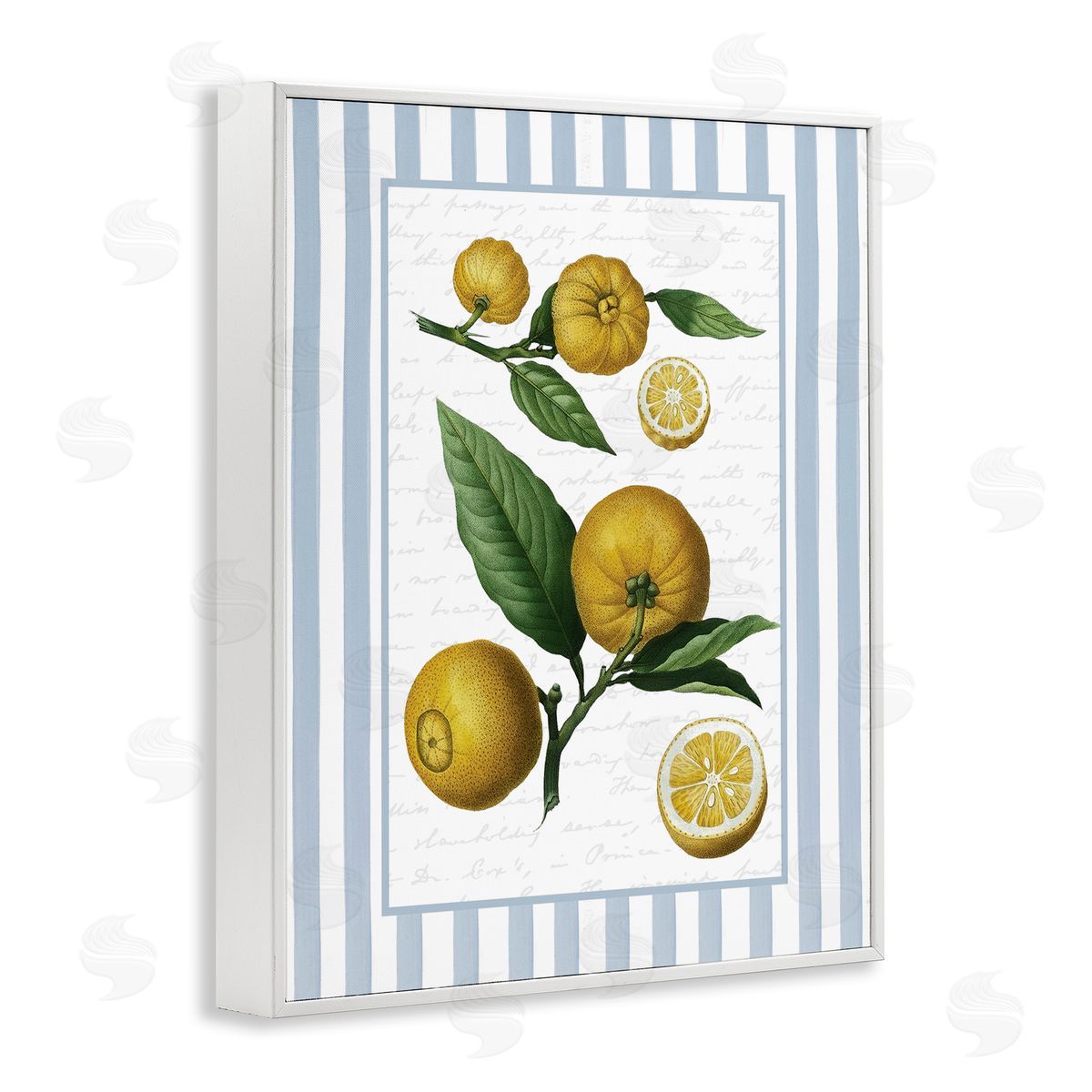 Lettered and Lined Vintage Lemons Blue Stripes Canvas Wall Art Print