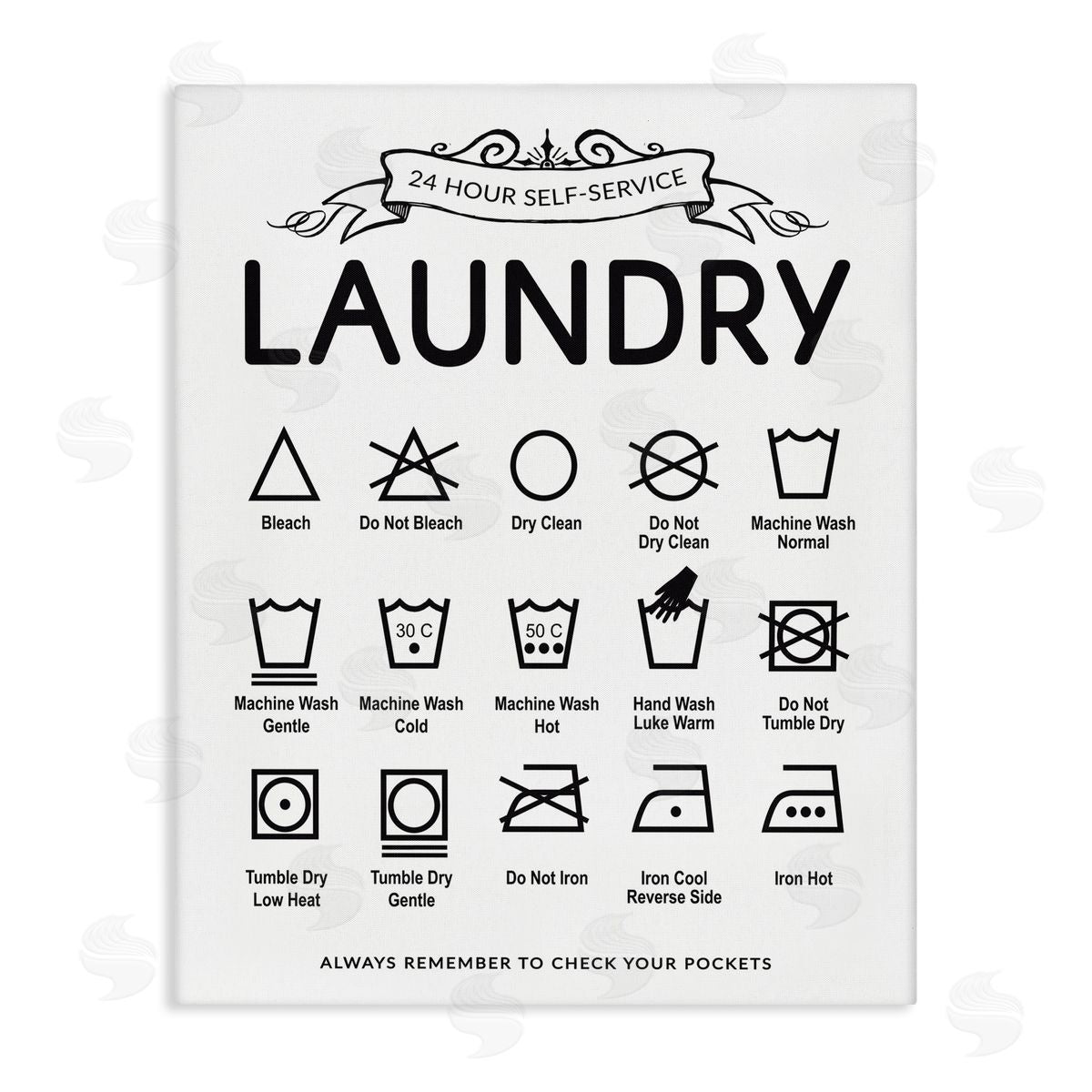 Lettered and Lined Laundry Care Symbols with Banner Canvas Wall Art Print