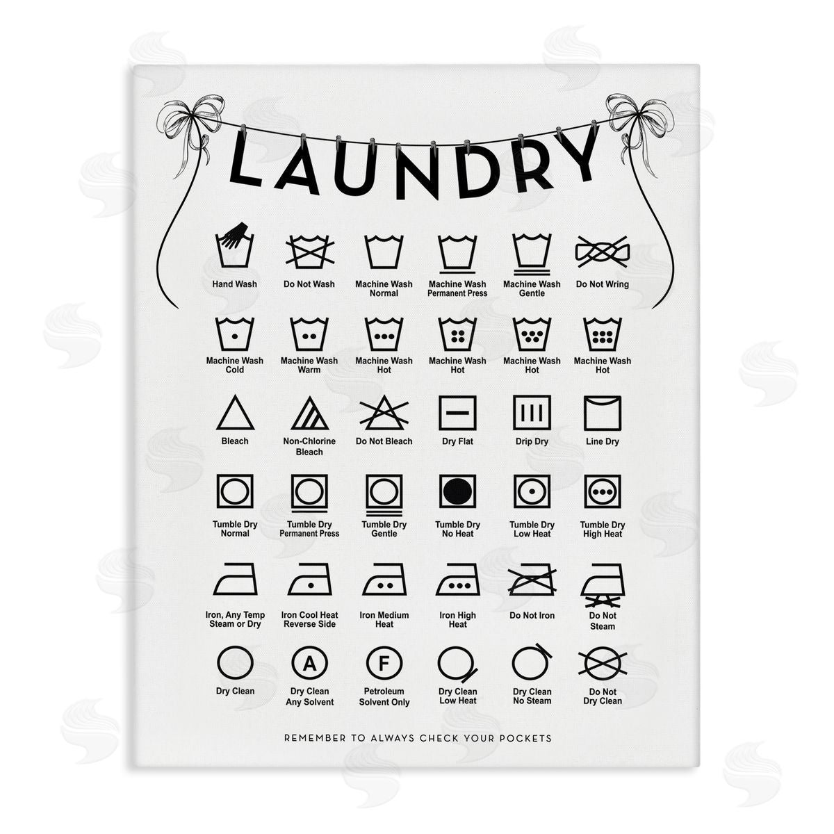 Lettered and Lined Laundry Symbols with Vintage Ribbons Canvas Wall Art Print