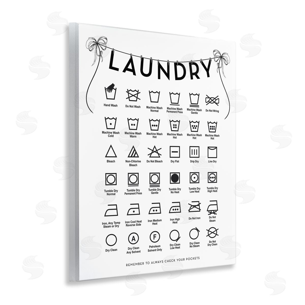 Lettered and Lined Laundry Symbols with Vintage Ribbons Canvas Wall Art Print