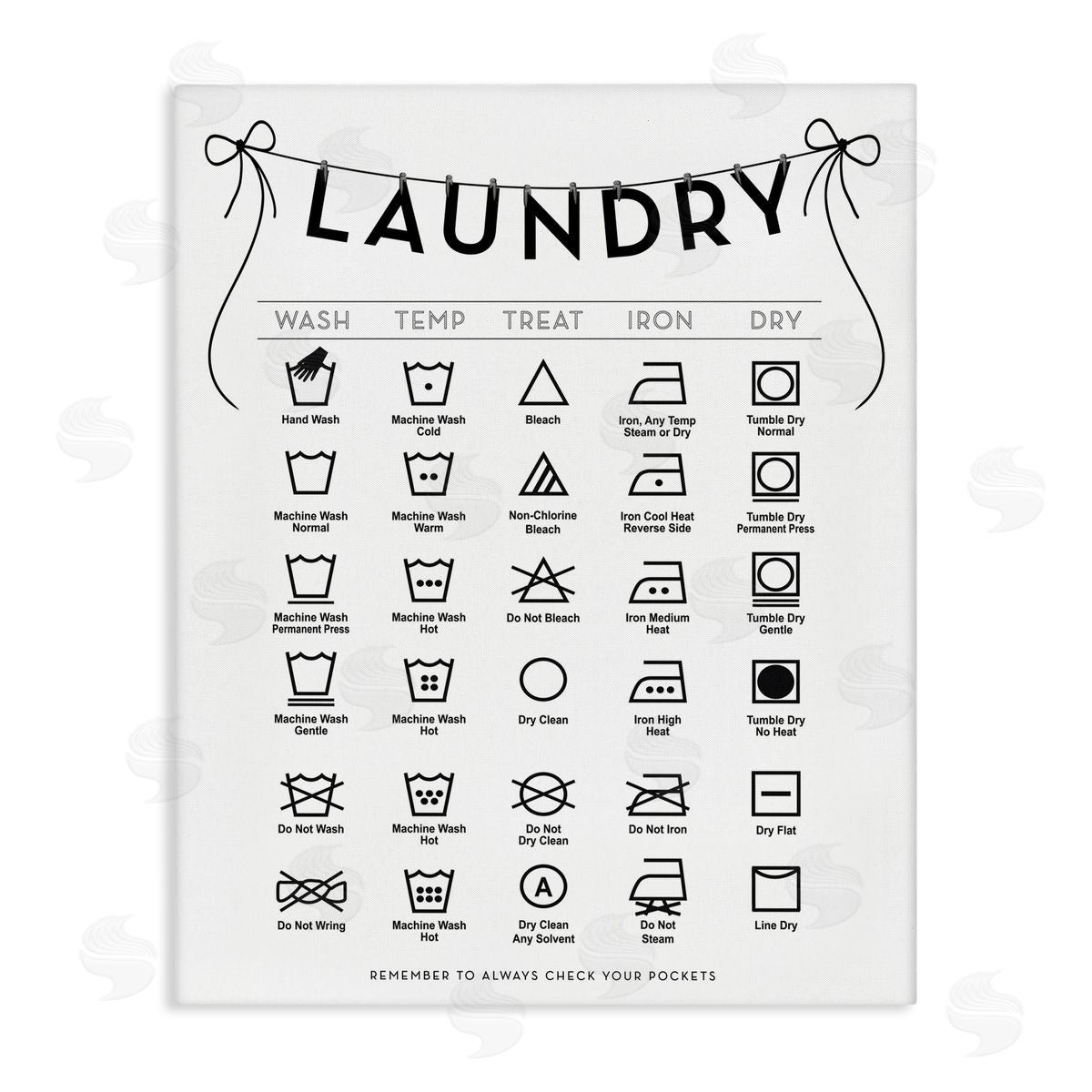 Lettered and Lined Laundry Symbols with Ribbon Accent Canvas Wall Art Print