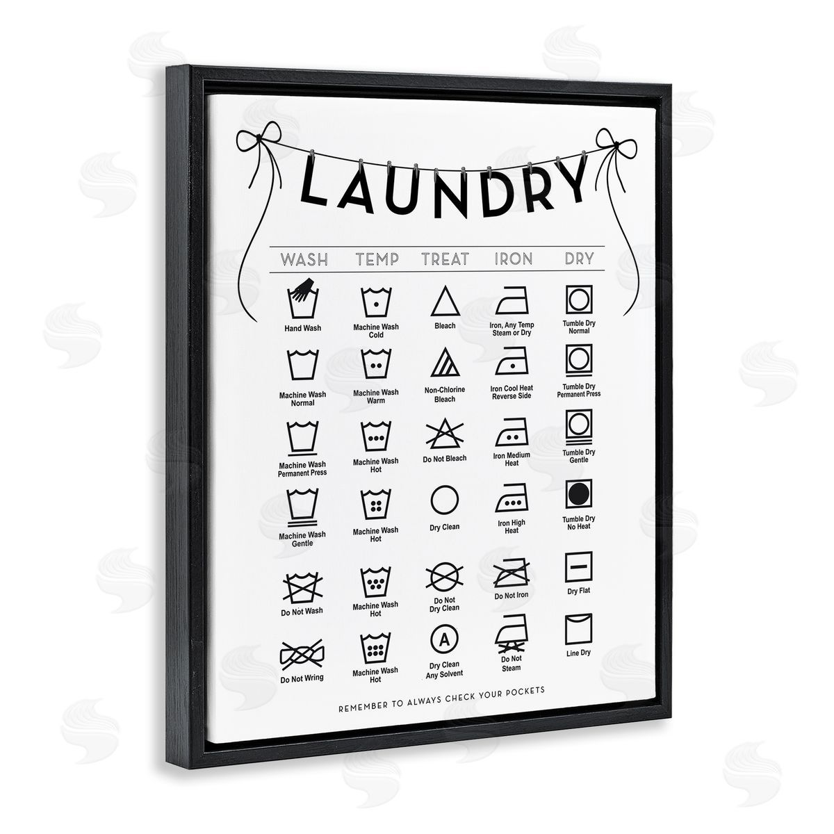 Lettered and Lined Laundry Symbols with Ribbon Accent Canvas Wall Art Print