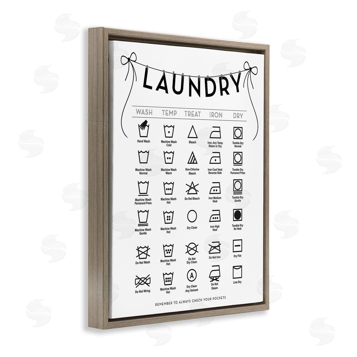 Lettered and Lined Laundry Symbols with Ribbon Accent Canvas Wall Art Print