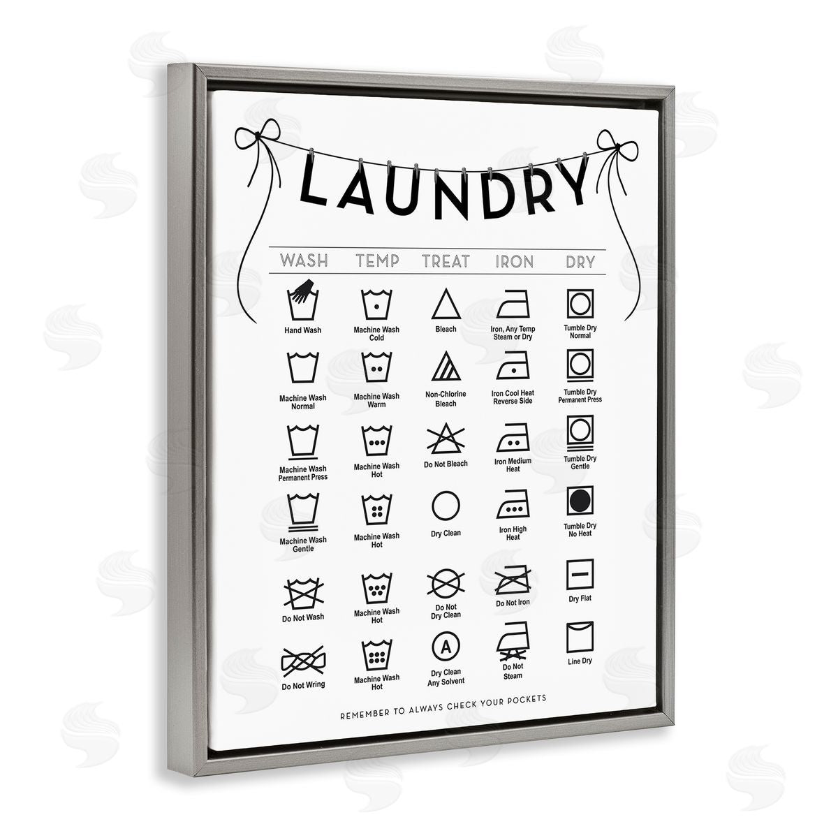 Lettered and Lined Laundry Symbols with Ribbon Accent Canvas Wall Art Print