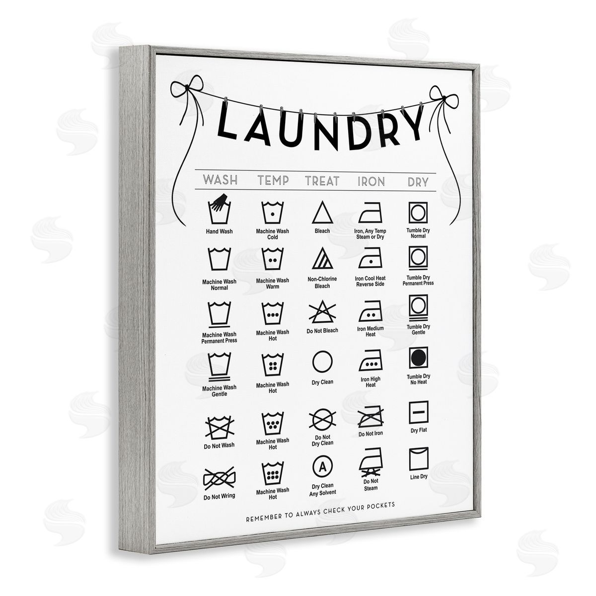 Lettered and Lined Laundry Symbols with Ribbon Accent Canvas Wall Art Print
