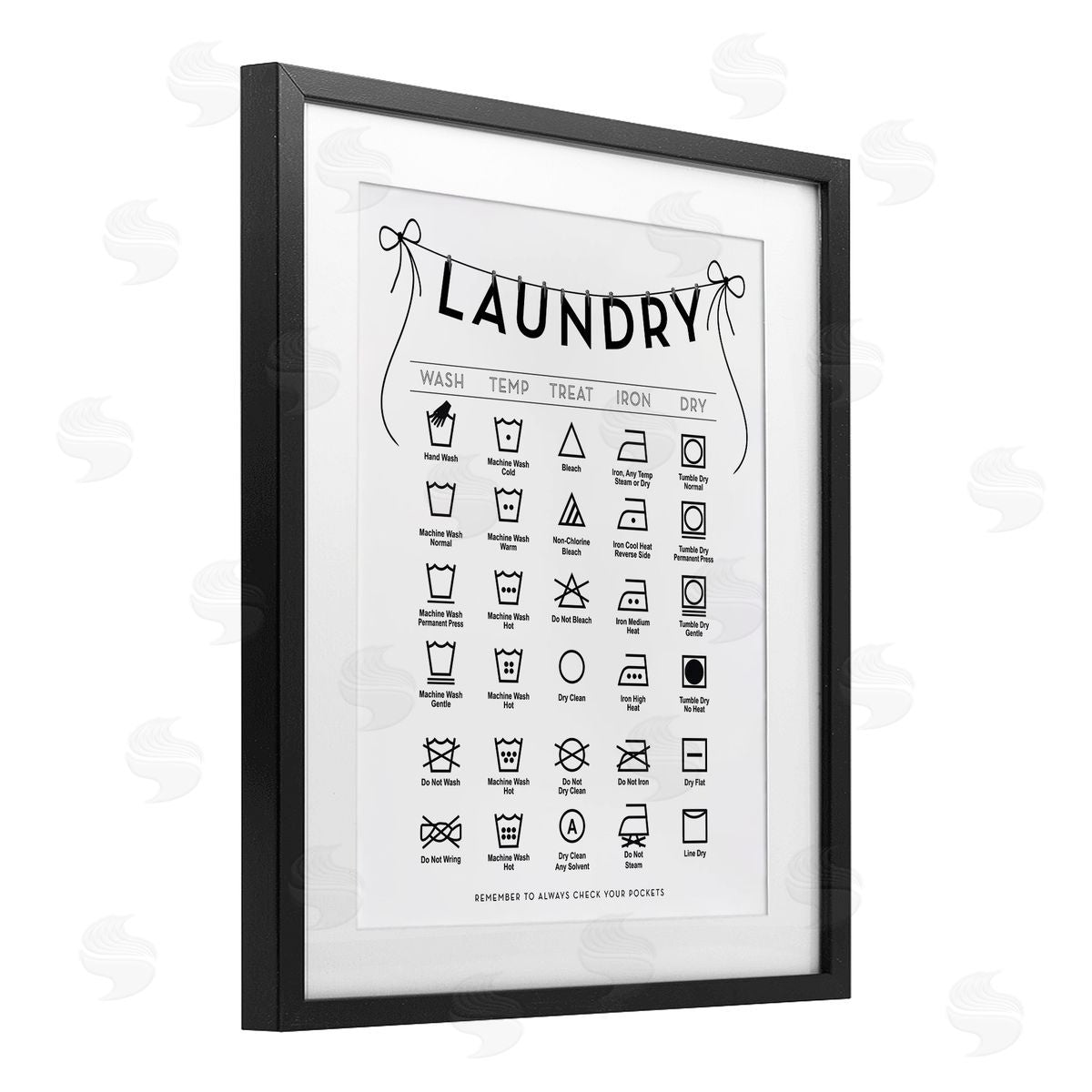 Lettered and Lined Laundry Symbols with Ribbon Accent Canvas Wall Art Print