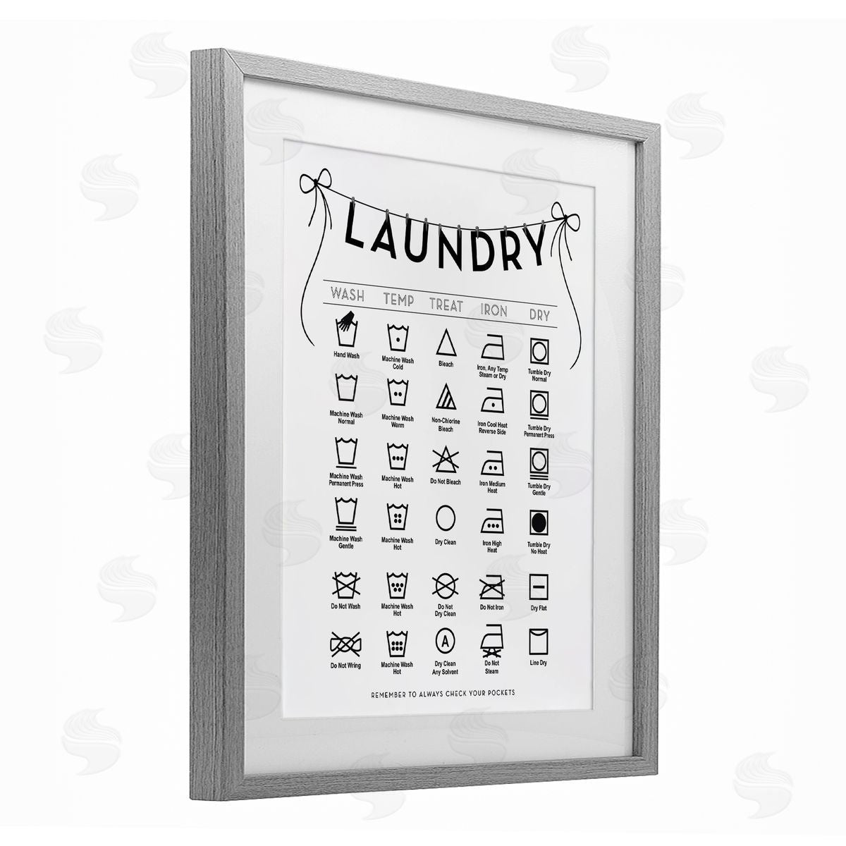 Lettered and Lined Laundry Symbols with Ribbon Accent Canvas Wall Art Print