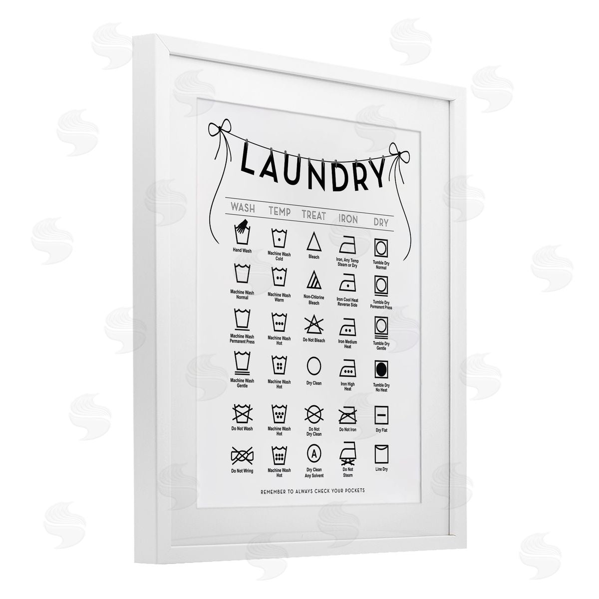 Lettered and Lined Laundry Symbols with Ribbon Accent Canvas Wall Art Print