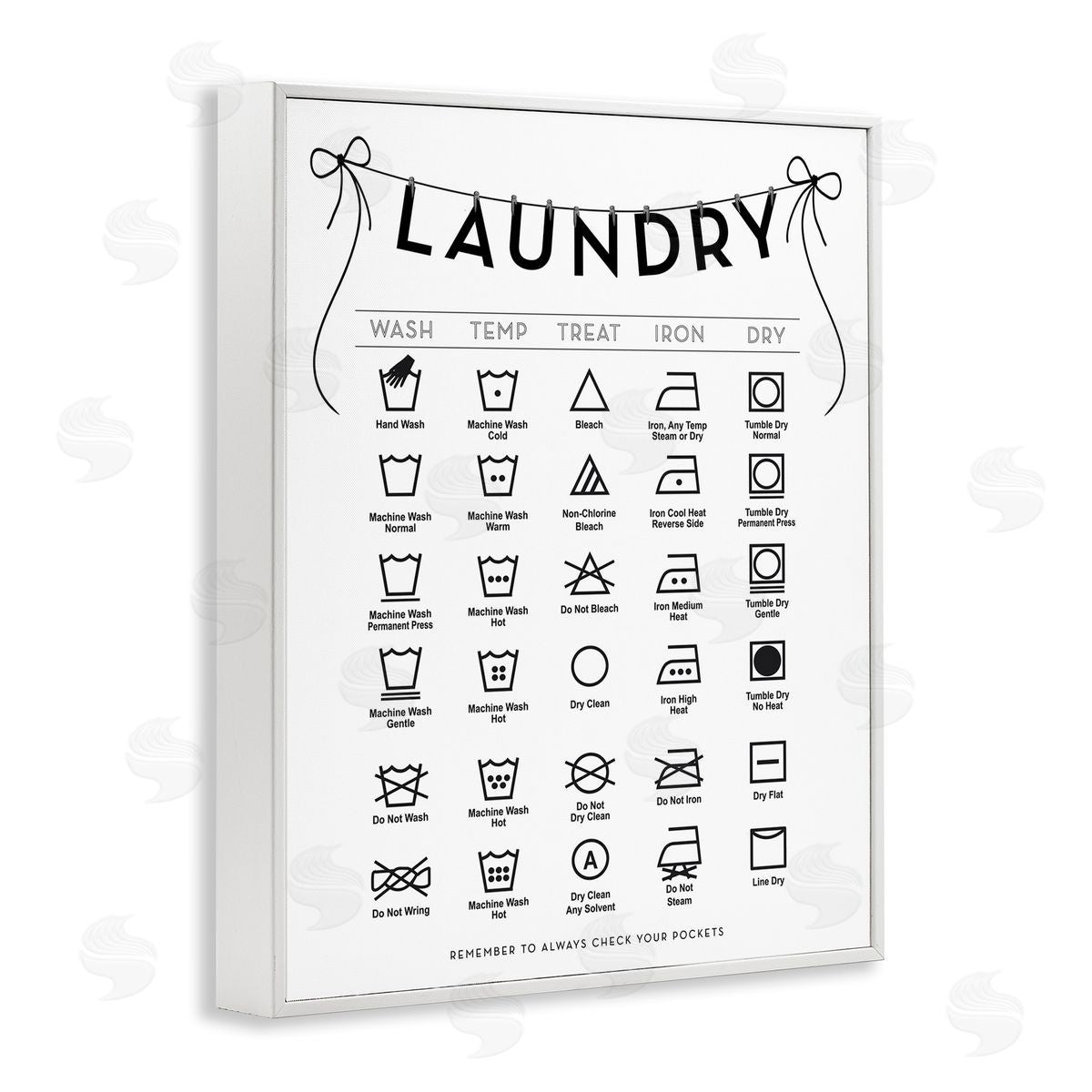 Lettered and Lined Laundry Symbols with Ribbon Accent Canvas Wall Art Print