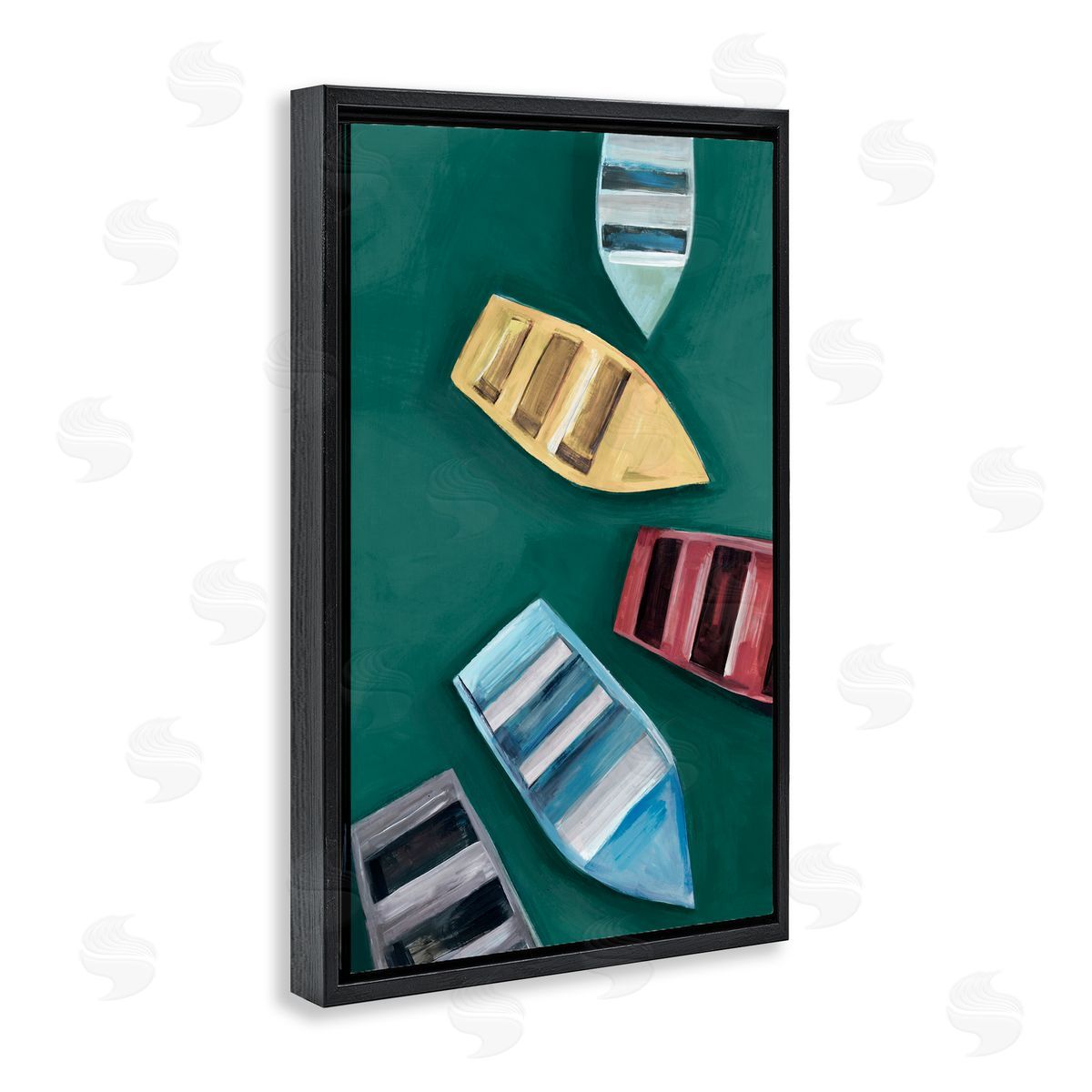 Hannah Dawson Colorful Drifting Rowboats Black Floating Frame Canvas Wall Art Print