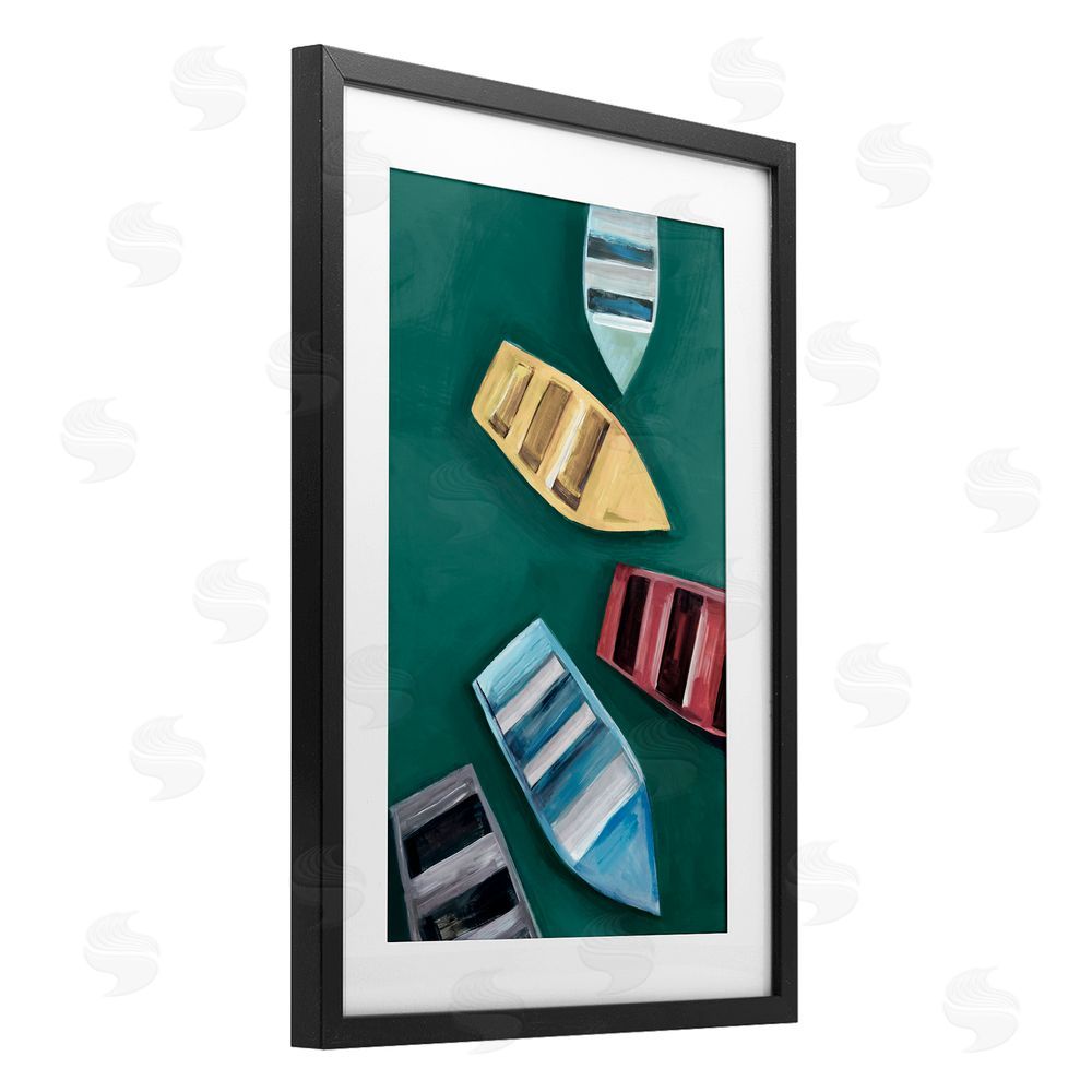 Hannah Dawson Colorful Drifting Rowboats Black Framed Print Under Glass Art
