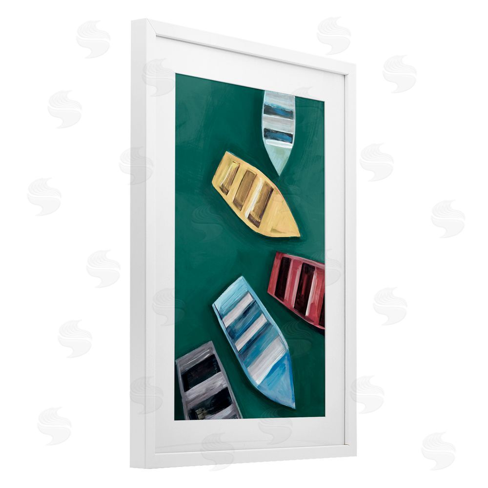 Hannah Dawson Colorful Drifting Rowboats White Framed Print Under Glass Art