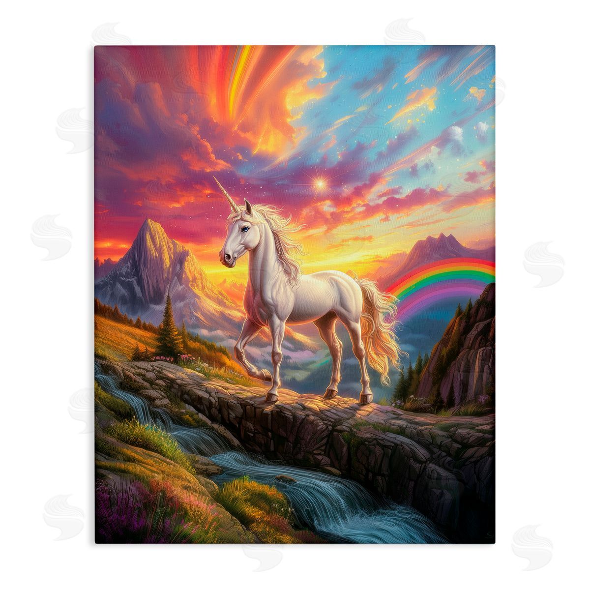 Jim Baldwin Unicorn with Sunset Rainbow Canvas Wall Art Print