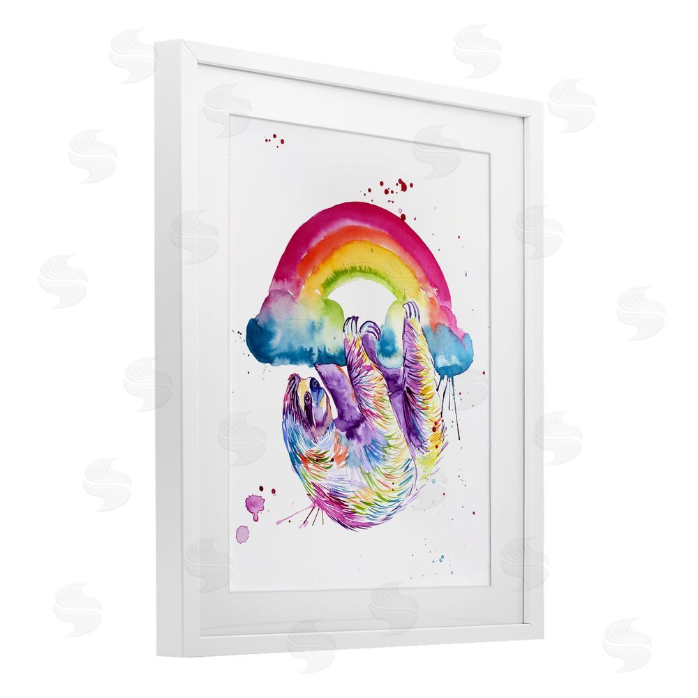 Jennifer Seeley Sloth Hanging From Rainbow White Framed Print Under Glass Art