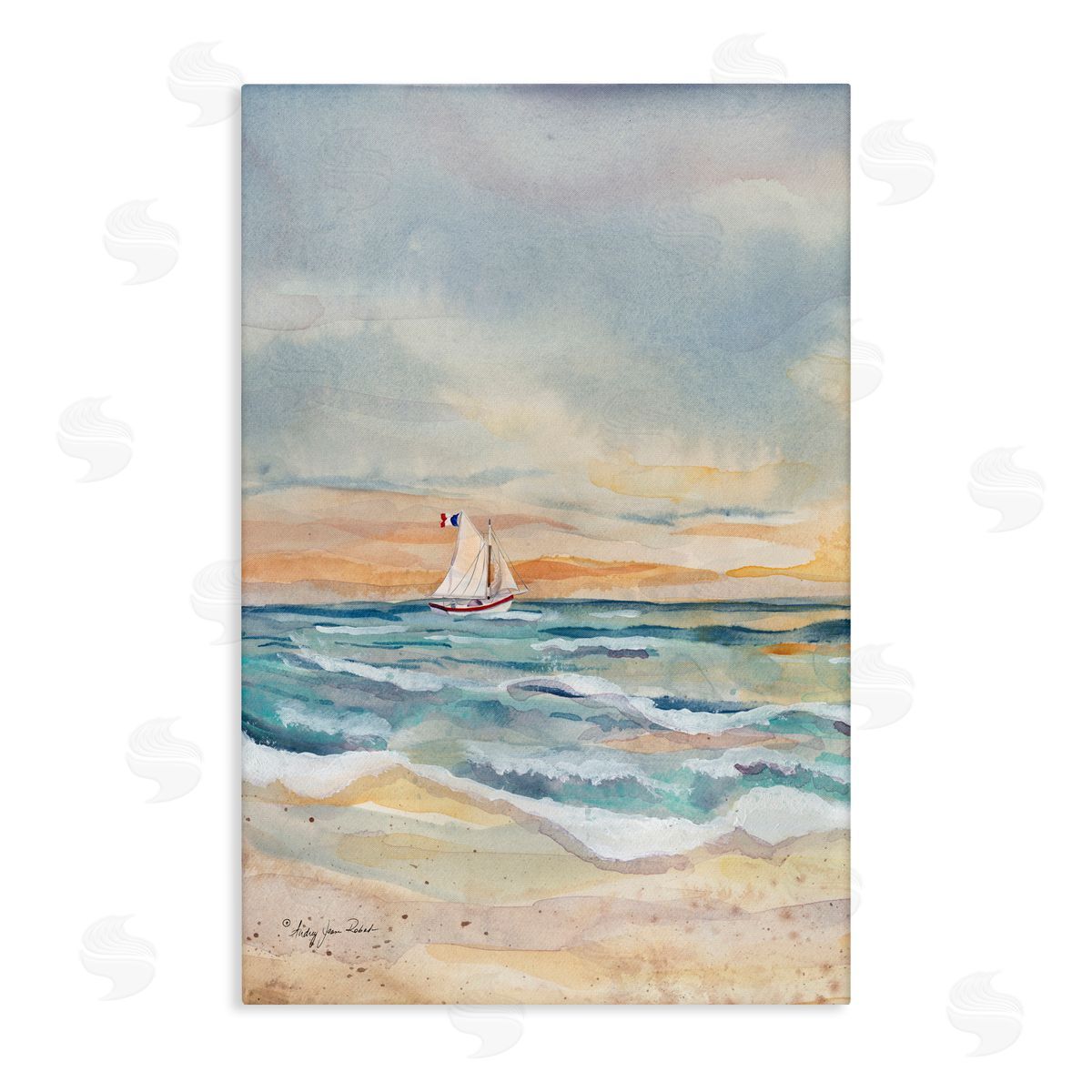 Audrey Jeanne Roberts Cascading Waves & Sailboat Canvas Wall Art Print