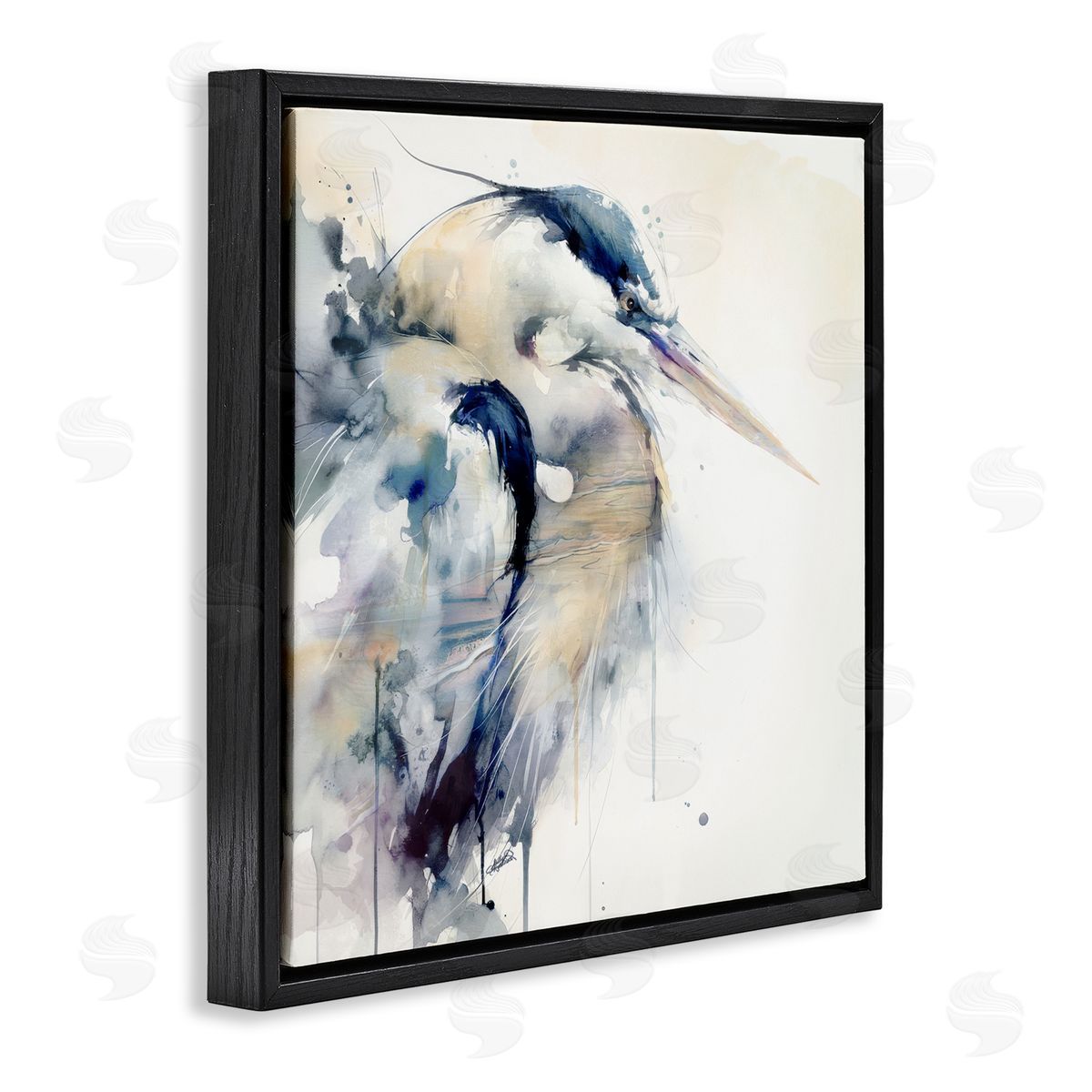 Sally Kaye Barlow/Makaio Design Coastal Serenity Blue Heron Black Floating Frame Canvas Wall Art Print