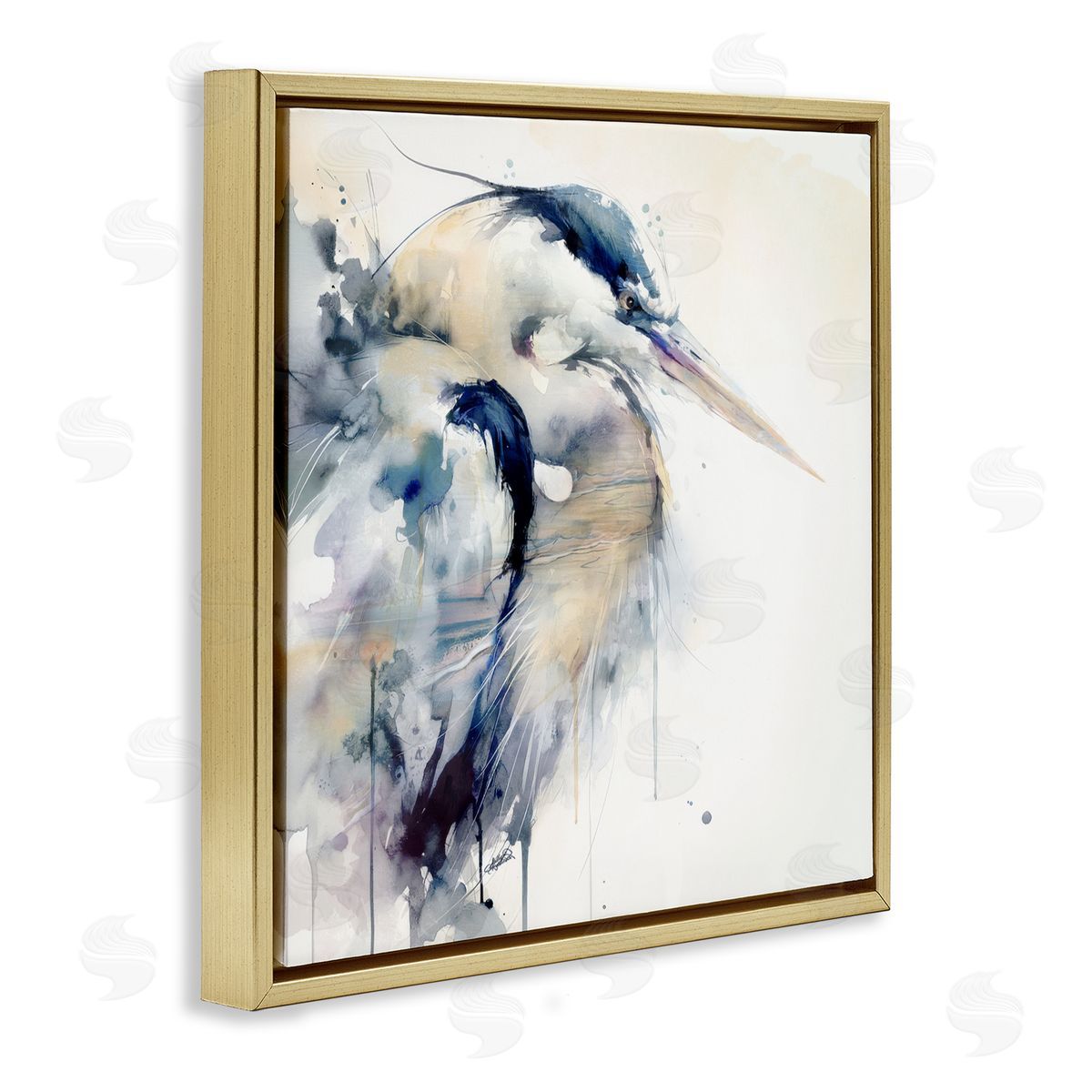 Sally Kaye Barlow/Makaio Design Coastal Serenity Blue Heron Gold Floating Frame Canvas Art Print