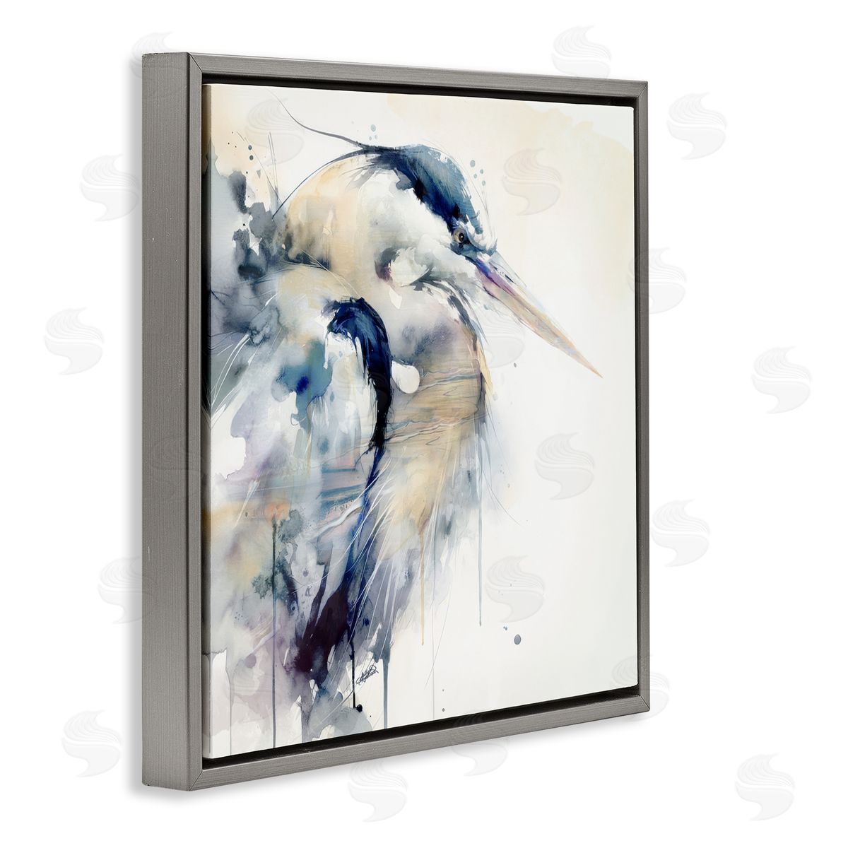 Sally Kaye Barlow/Makaio Design Coastal Serenity Blue Heron Gray Floating Frame Canvas Art Print