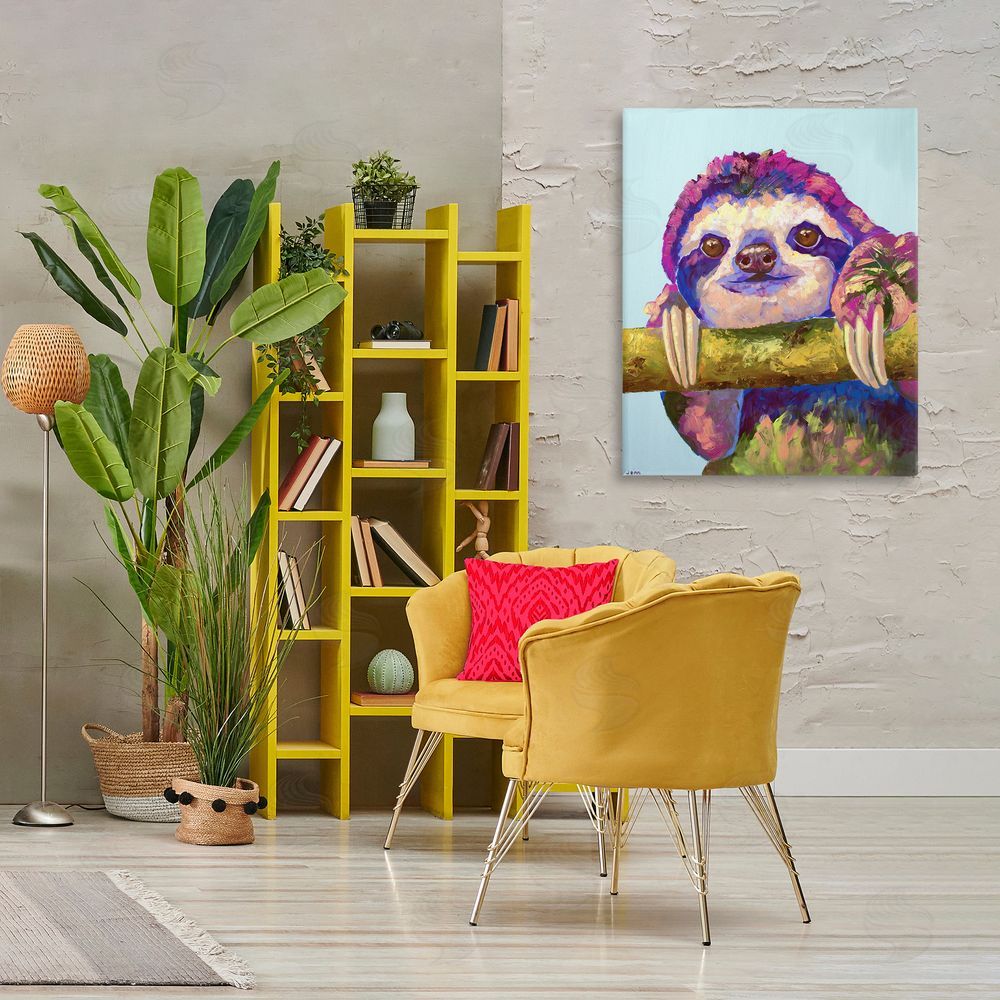 Jennifer Seeley Vibrant Sloth Hanging on Branch Printed Wall Art in Room