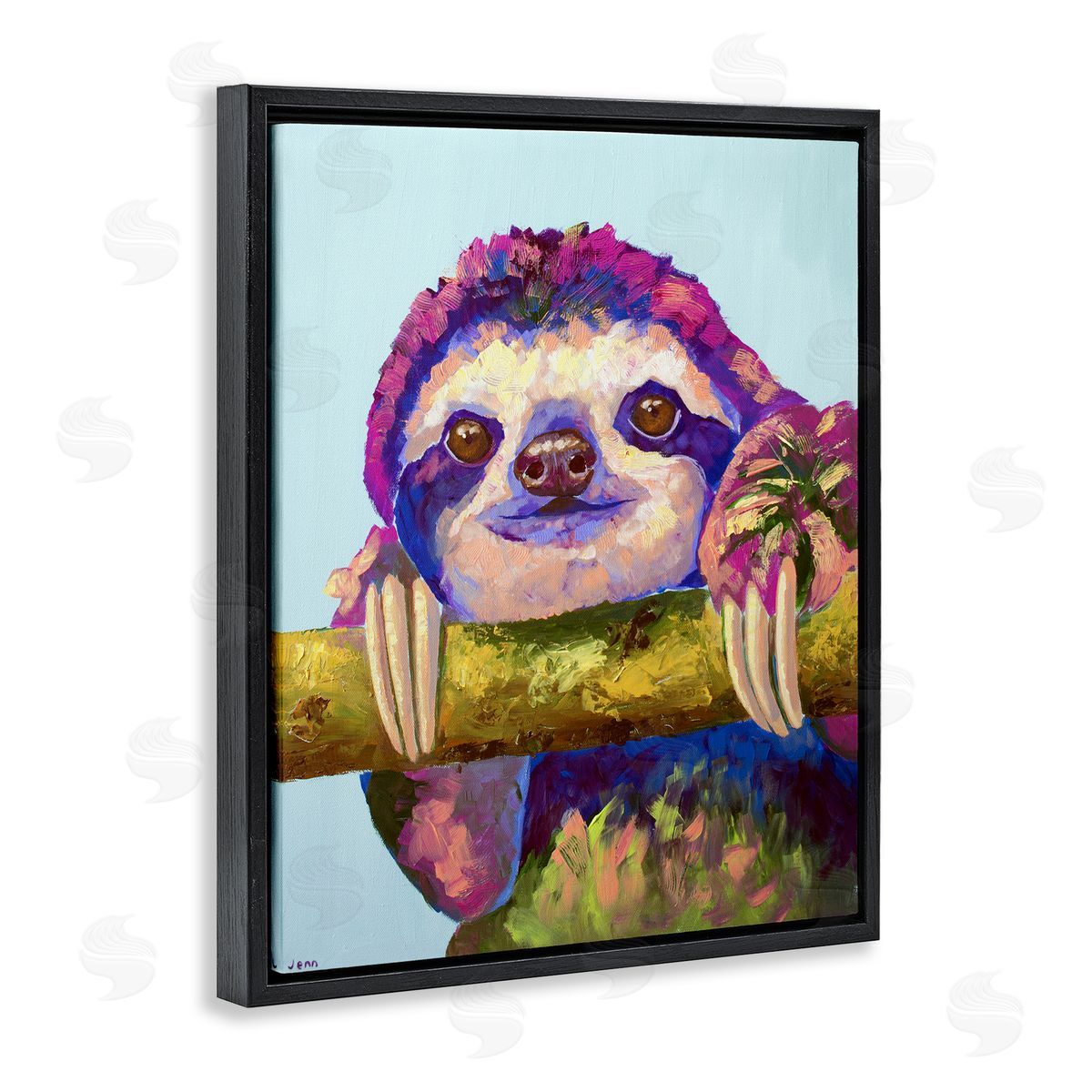 Jennifer Seeley Vibrant Sloth Hanging on Branch Black Floating Frame Canvas Wall Art Print