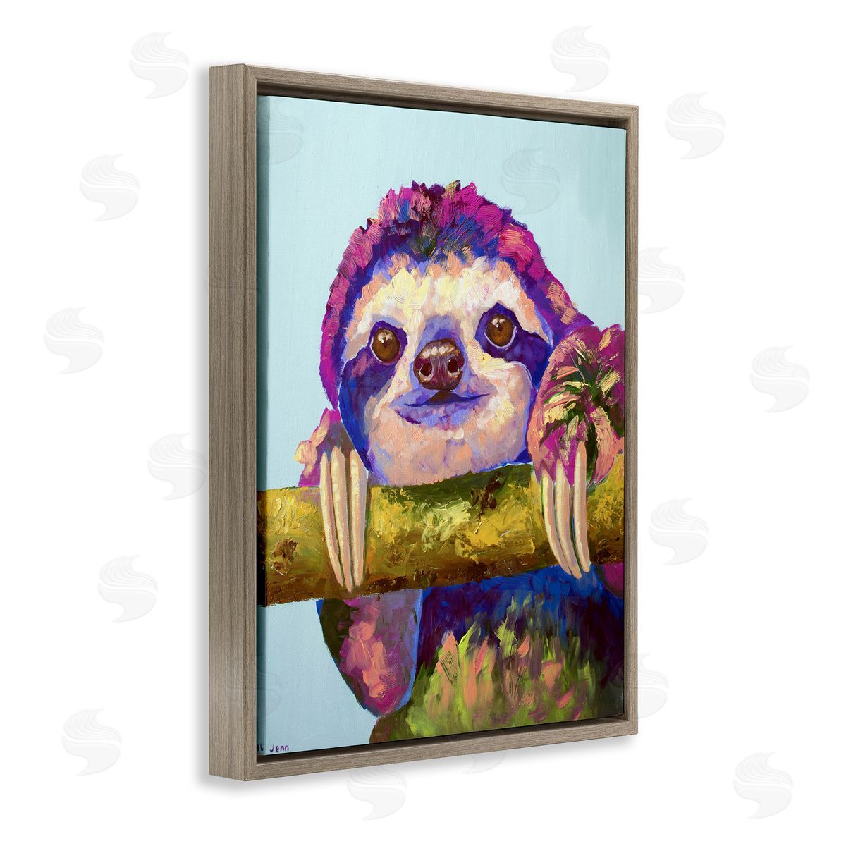 Jennifer Seeley Vibrant Sloth Hanging on Branch Brown Floating Frame Canvas Art Print