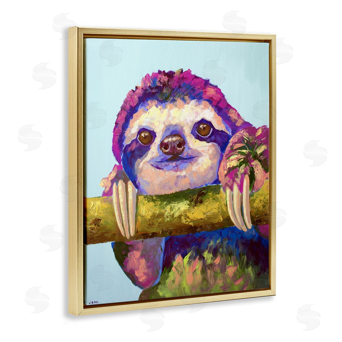 Jennifer Seeley Vibrant Sloth Hanging on Branch Gold Floating Frame Canvas Art Print