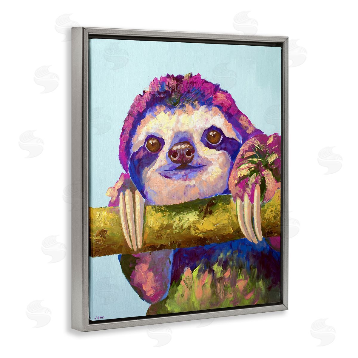 Jennifer Seeley Vibrant Sloth Hanging on Branch Gray Floating Frame Canvas Art Print