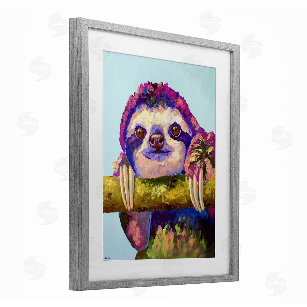 Jennifer Seeley Vibrant Sloth Hanging on Branch Gray Framed Print Under Glass Art