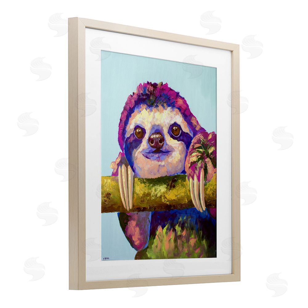 Jennifer Seeley Vibrant Sloth Hanging on Branch Birch Framed Print Under Glass Art