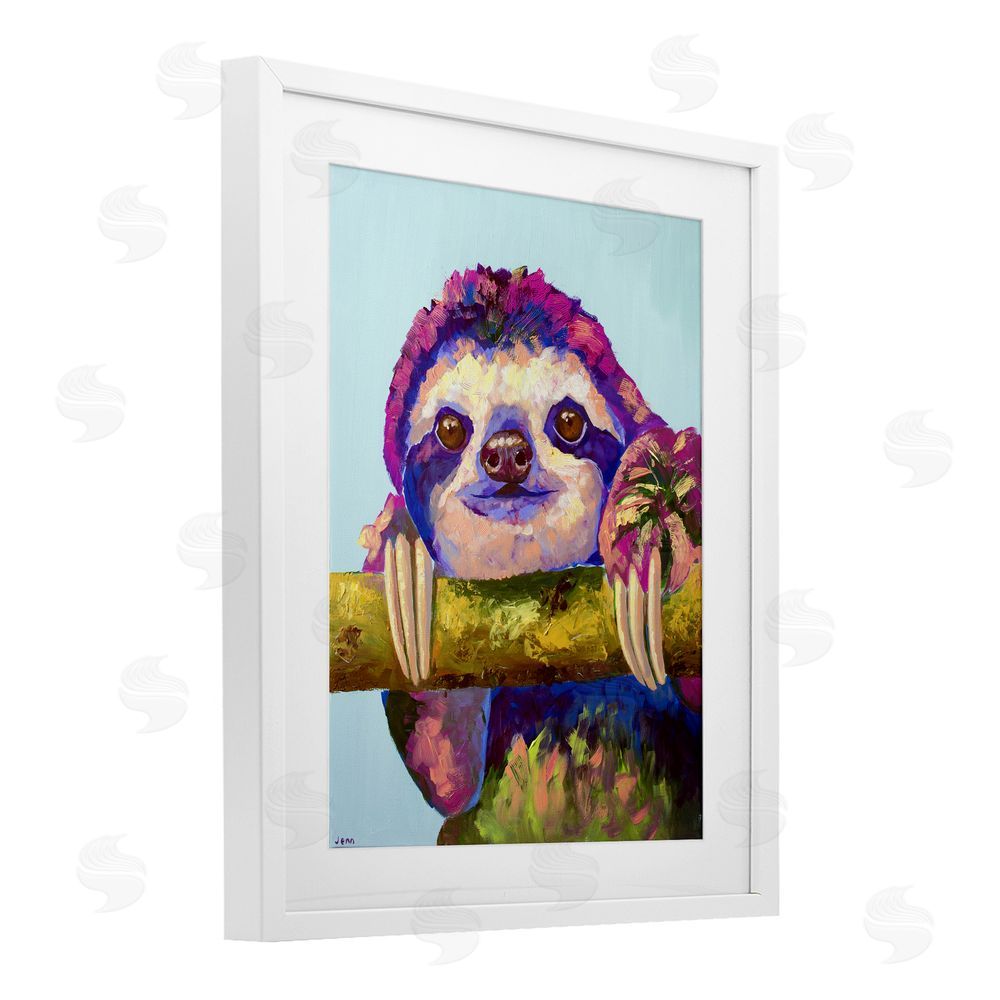 Jennifer Seeley Vibrant Sloth Hanging on Branch White Framed Print Under Glass Art