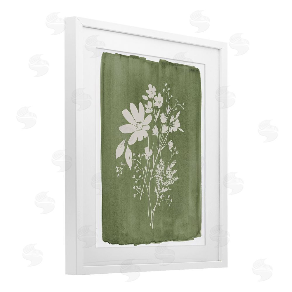 Stephanie Ryan Wildflowers on Olive Green White Framed Print Under Glass Art