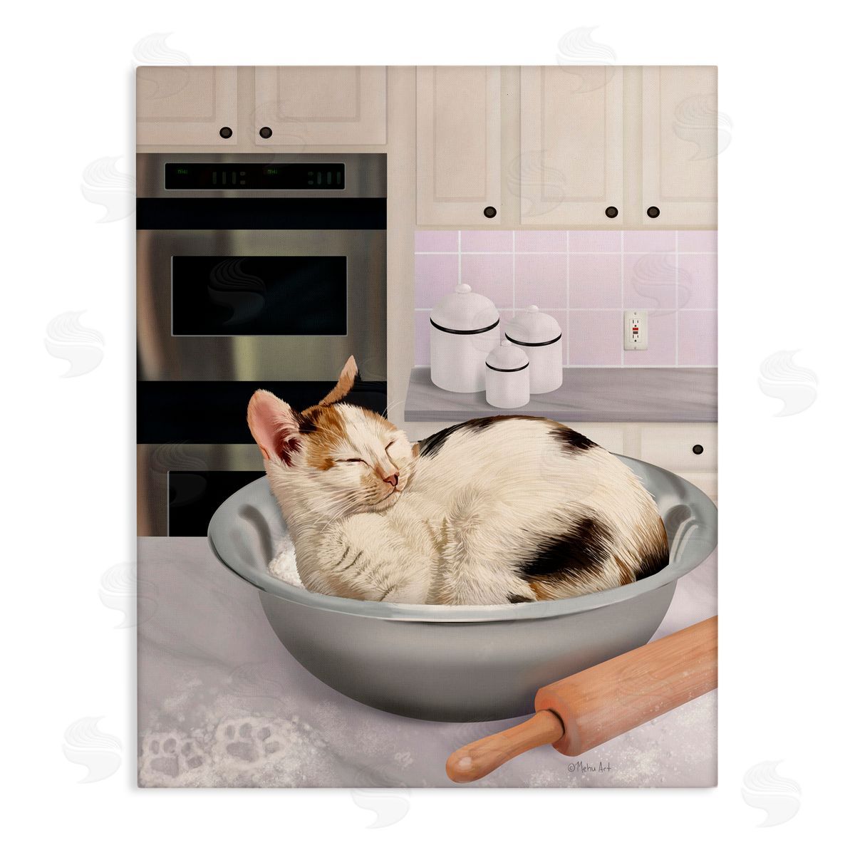 Mehu Art Sleepy Cat in Mixing Bowl Canvas Wall Art Print