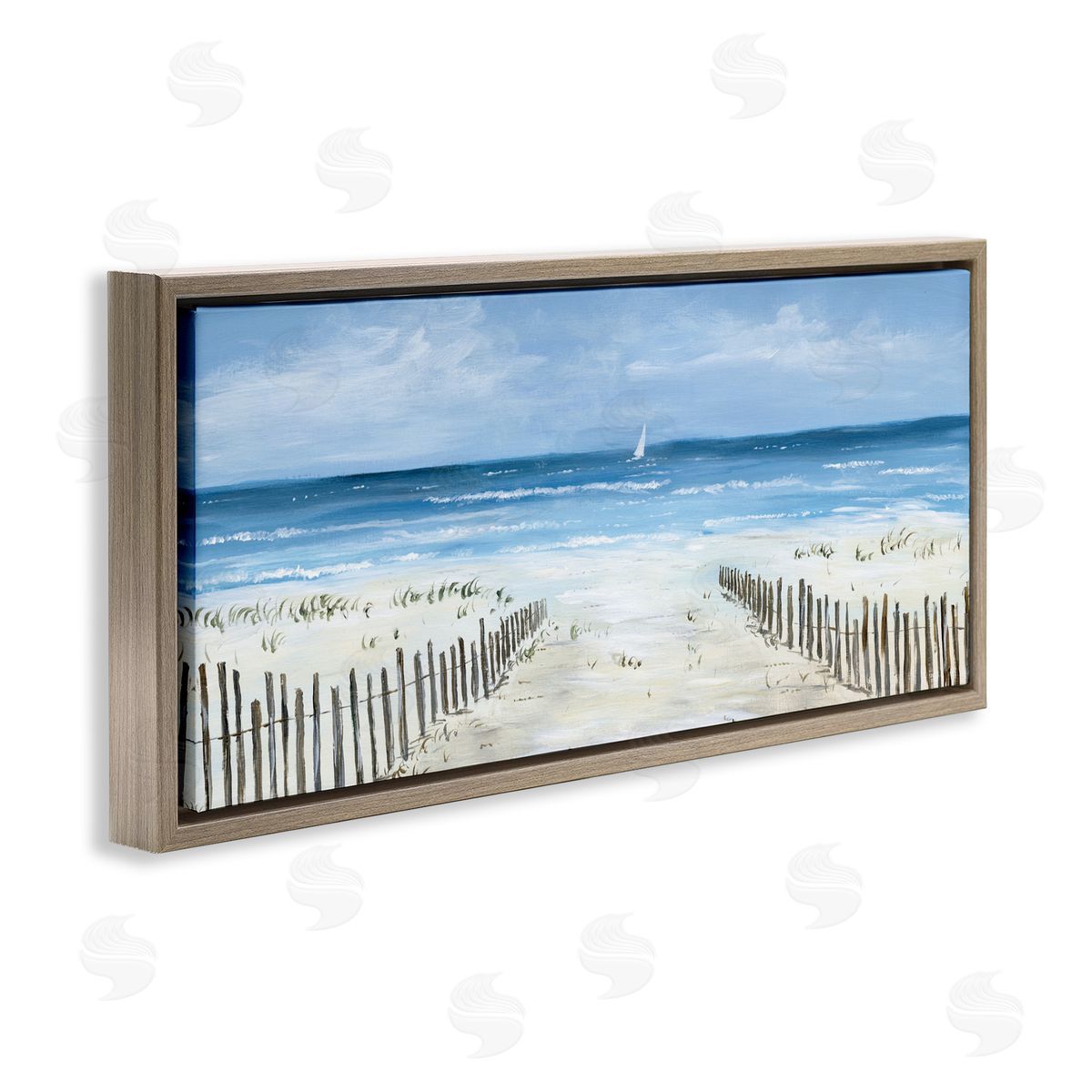 Georgie Harrison Single Sailboat & Beach Fence Brown Floating Frame Canvas Art Print