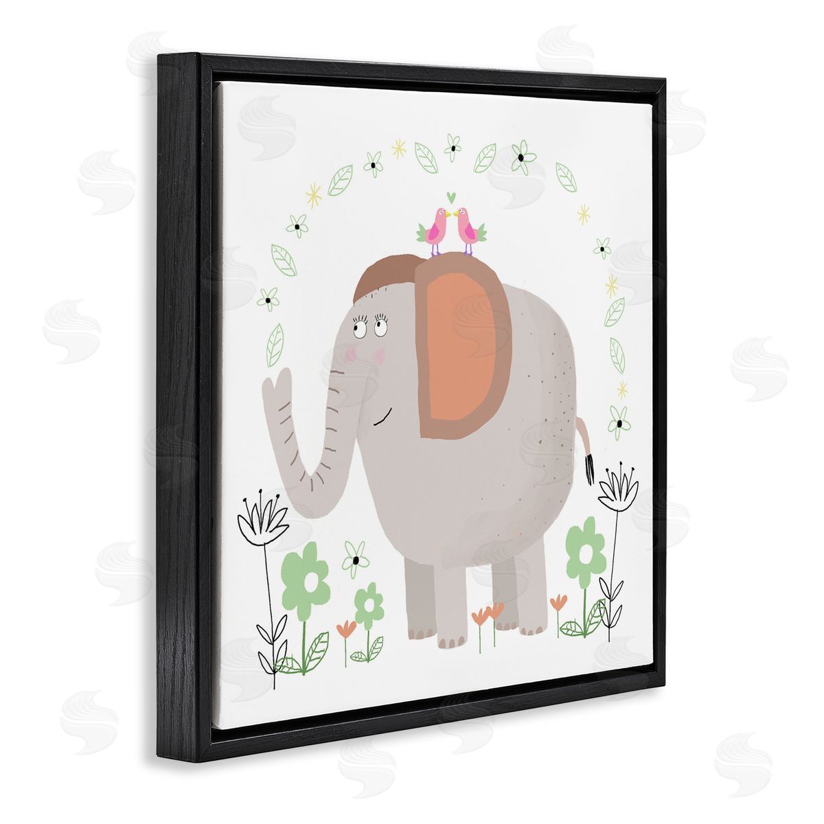 Carla Daly Floral Baby Elephant Illustration Black Floating Frame Canvas Wall Art Print