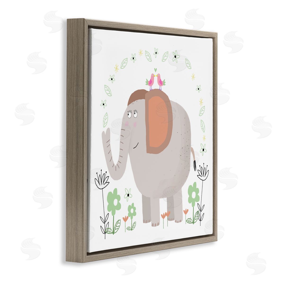 Carla Daly Floral Baby Elephant Illustration Brown Floating Frame Canvas Art Print