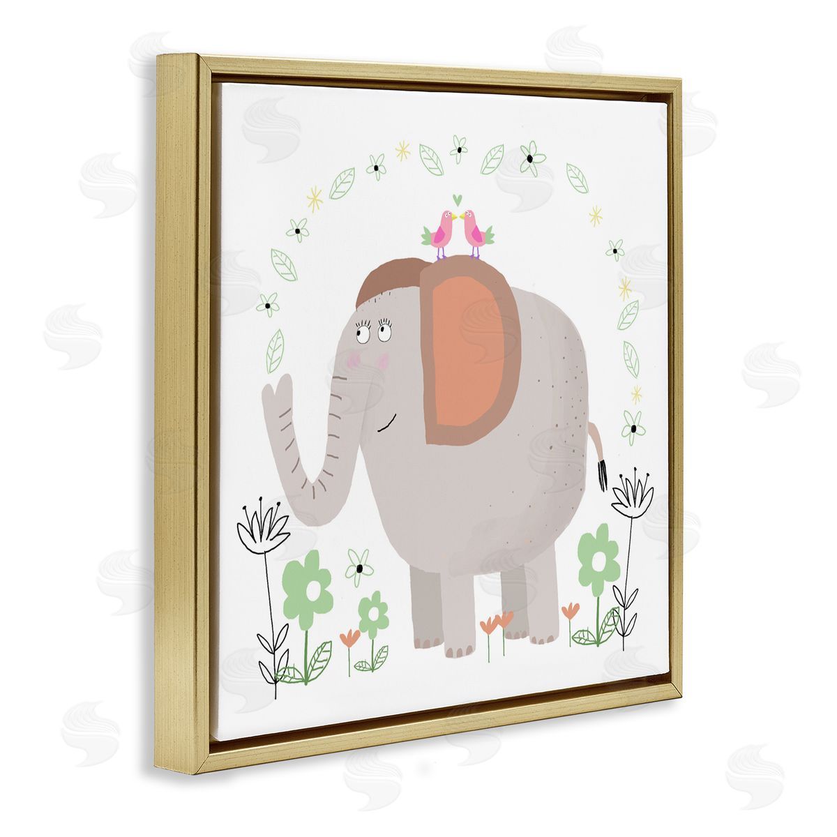 Carla Daly Floral Baby Elephant Illustration Gold Floating Frame Canvas Art Print