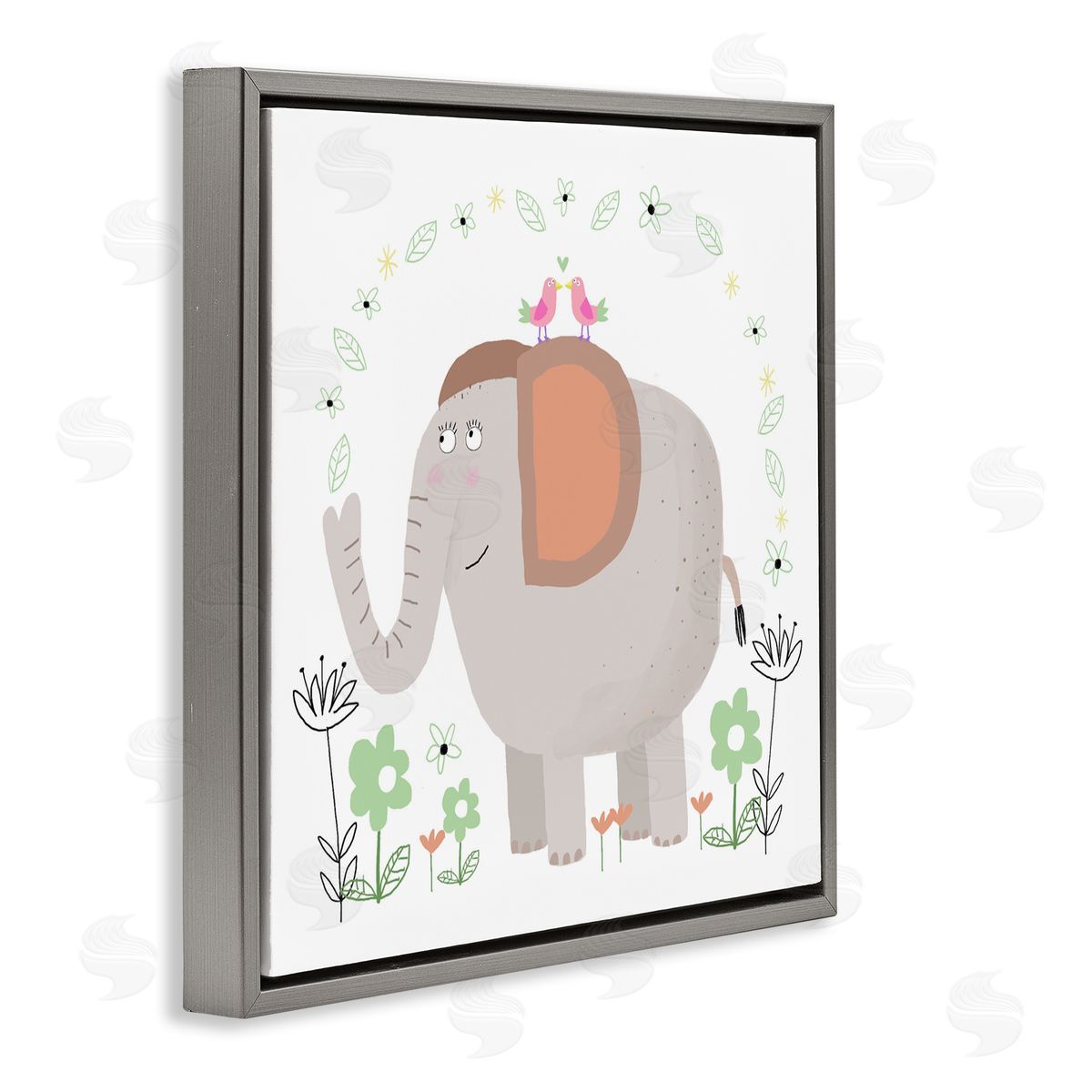 Carla Daly Floral Baby Elephant Illustration Gray Floating Frame Canvas Art Print