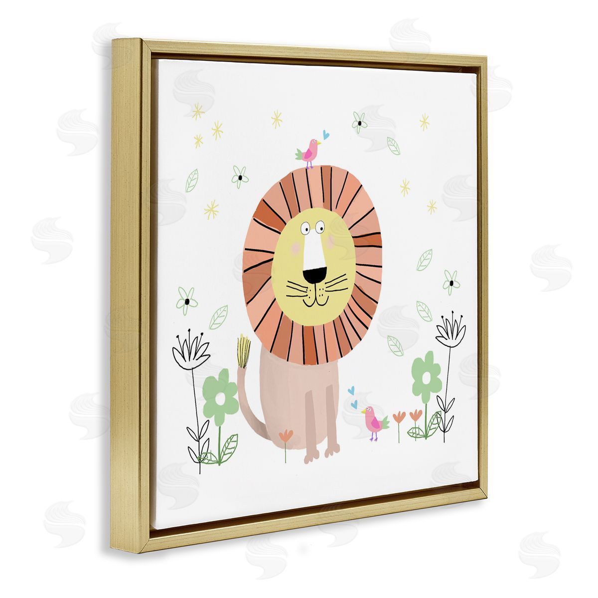 Carla Daly Floral Baby Lion Illustration Gold Floating Frame Canvas Art Print