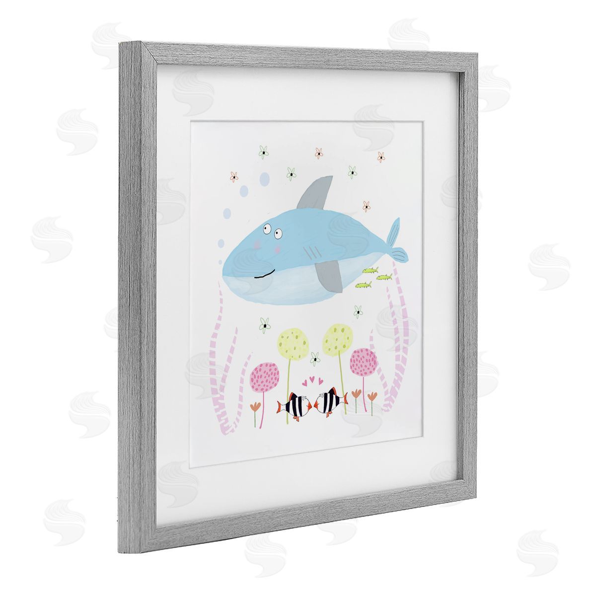 Carla Daly Baby Shark & Flowers Gray Framed Print Under Glass Art