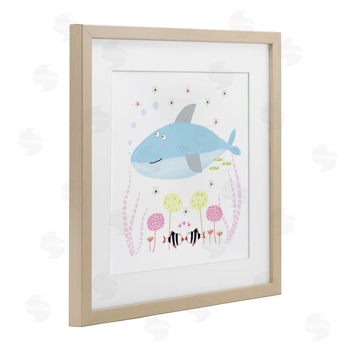 Carla Daly Baby Shark & Flowers Birch Framed Print Under Glass Art