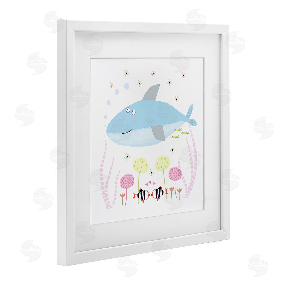 Carla Daly Baby Shark & Flowers White Framed Print Under Glass Art