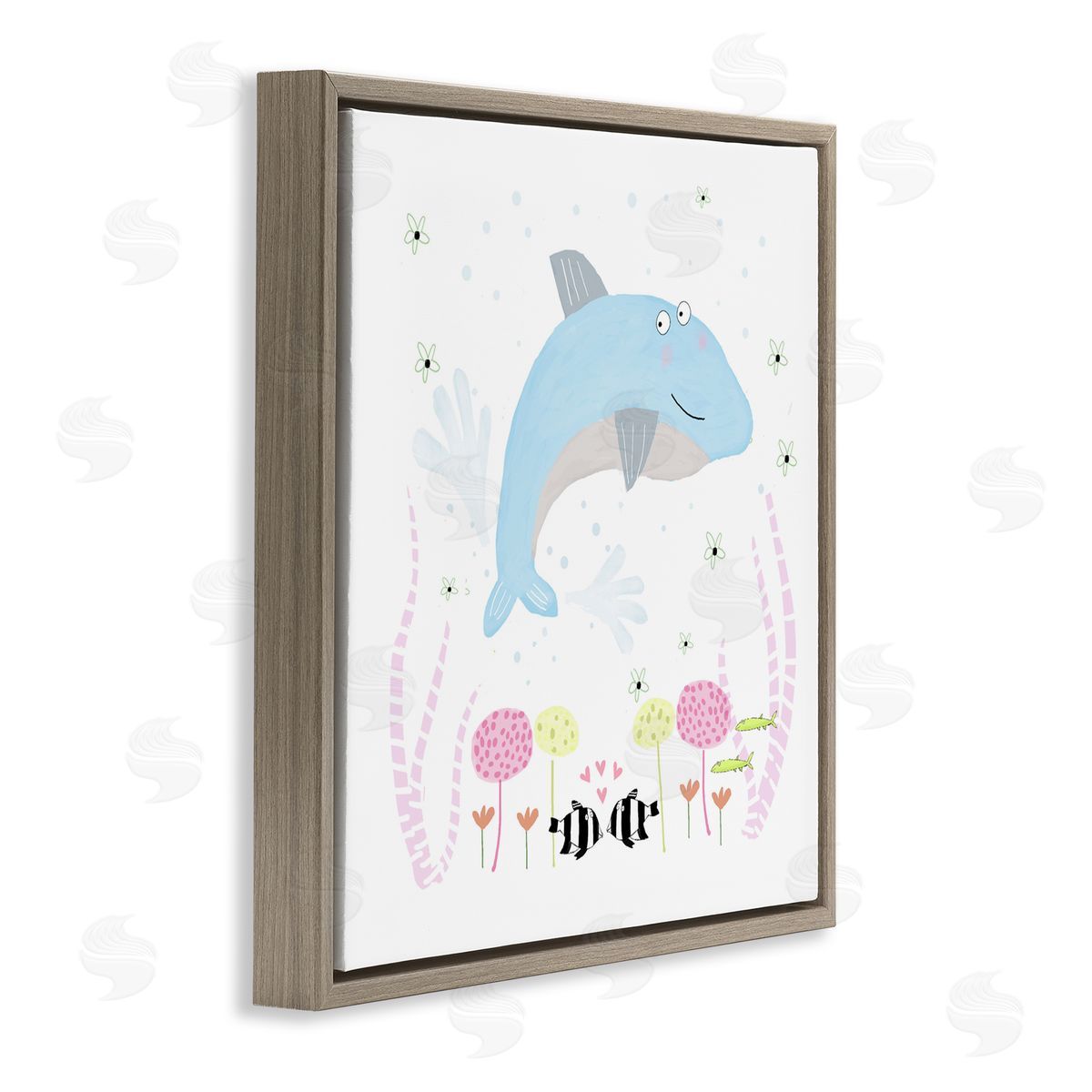 Carla Daly Baby Dolphin & Flowers Brown Floating Frame Canvas Art Print